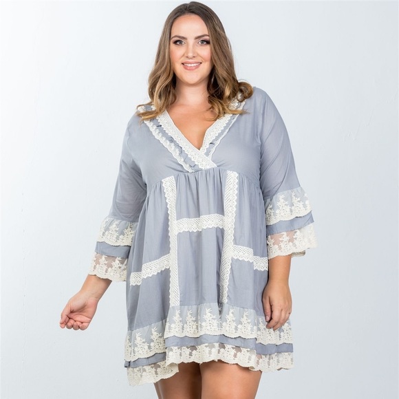 Grey Boho Lace Crochet Trim Dress - Picture 3 of 5